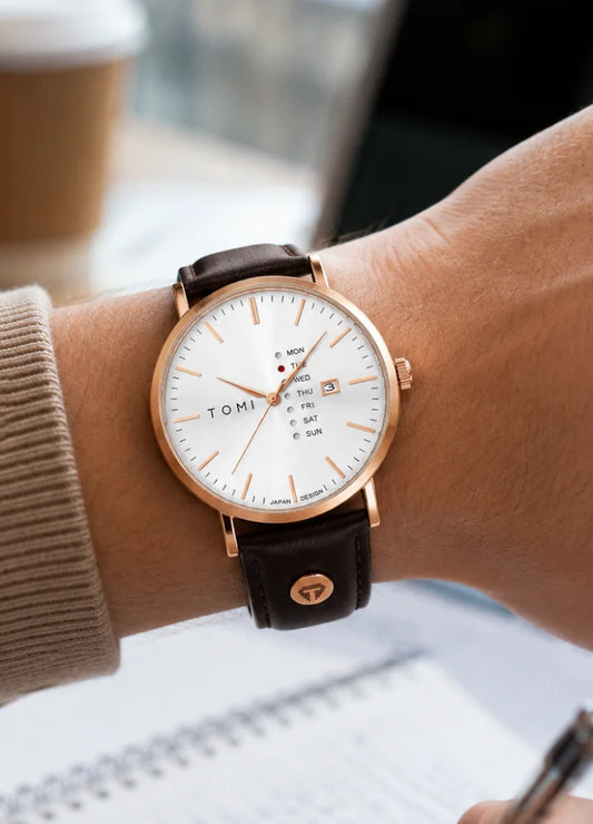 Tomi Executive Day Date Rose Gold Leather Strap Men’s Watch TM-037