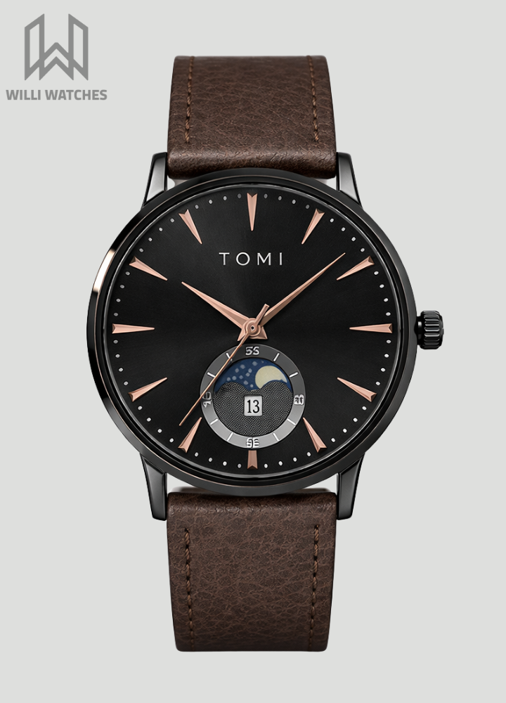 TOMI Executive Magnet Lock Men’s Watch – Brown Leather Strap, Black Dial TM-013