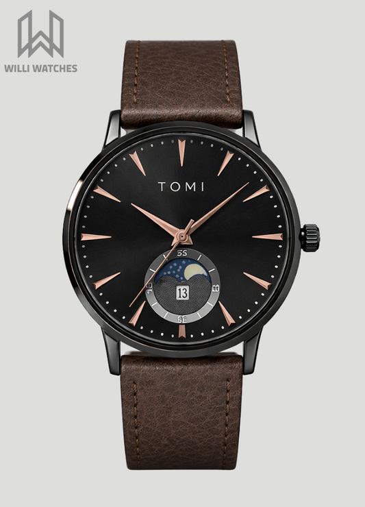 TOMI Executive Magnet Lock Men’s Watch – Brown Leather Strap, Black Dial TM-013