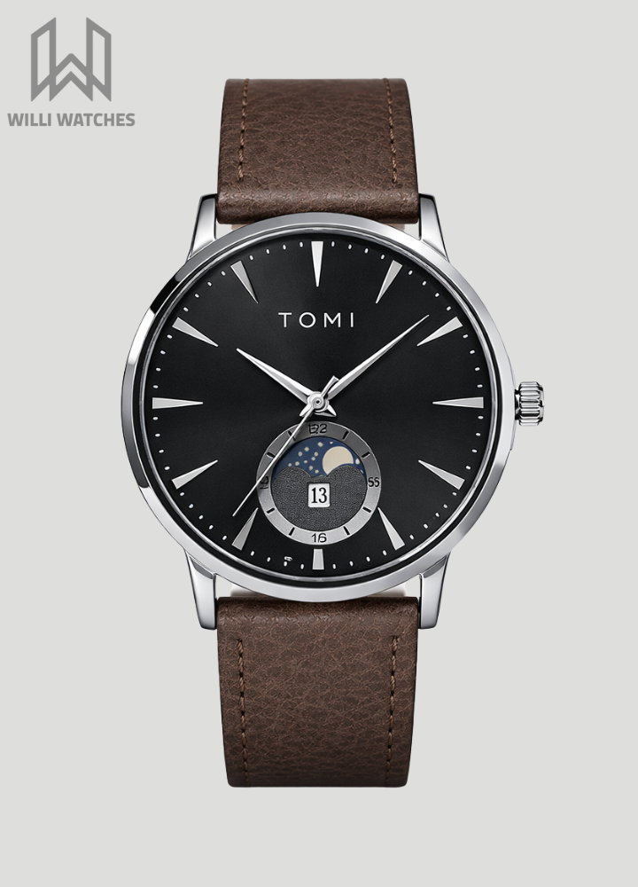 TOMI Executive Magnet Lock Men’s Watch – Brown Strap, Silver Case & Black Dial TM-015
