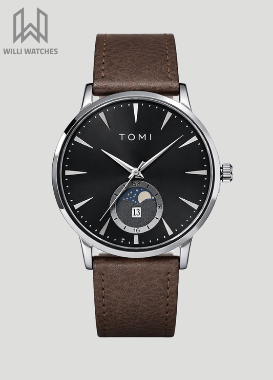 TOMI Executive Magnet Lock Men’s Watch – Brown Strap, Silver Case & Black Dial TM-015
