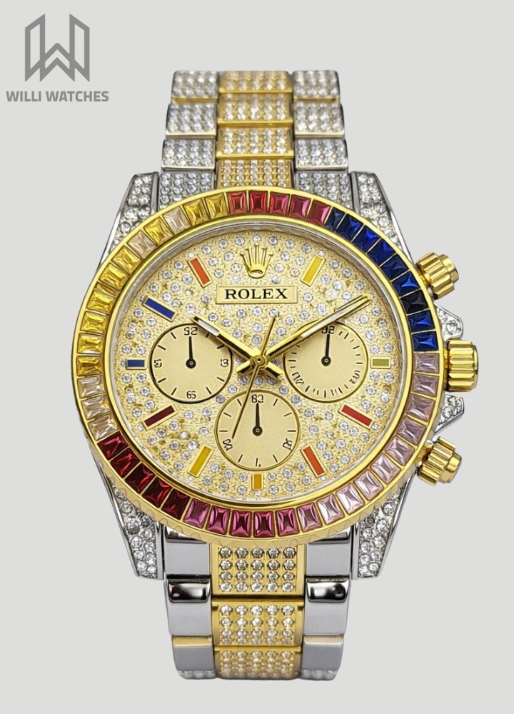 Men’s Two-Tone Full Diamond Rainbow Luxury Watch SK-005