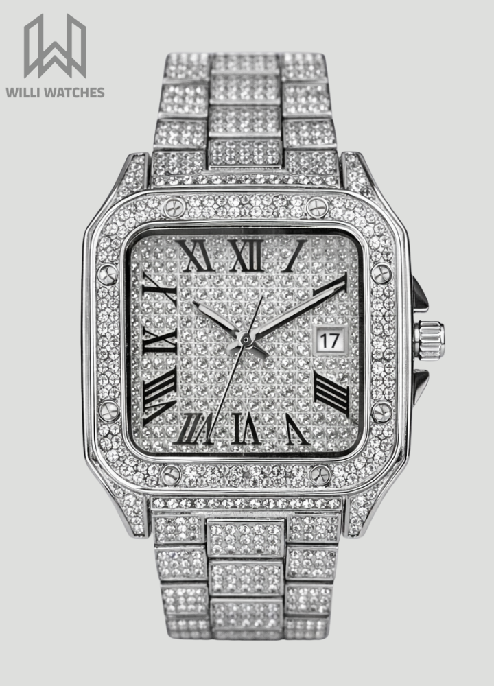 Men’s Premium Iced-Out Silver Roman Dial Watch SK-003