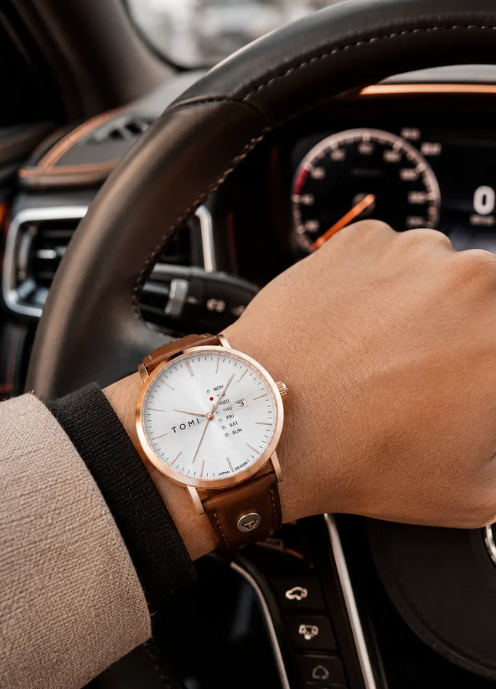 Tomi Executive Day Date Rose Gold Leather Strap Men’s Watch TM-037