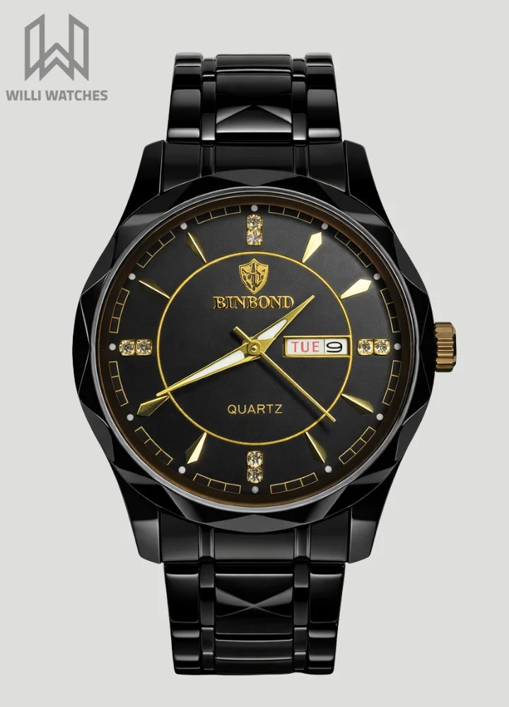 Binbond Black Dial Luxury Watch with Day-Date and Gold Accents BN-004