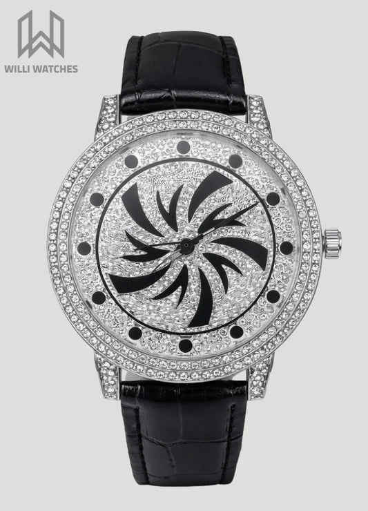Luxury Diamond Watch with Rotating Bezel and Swirl Dial SK-008