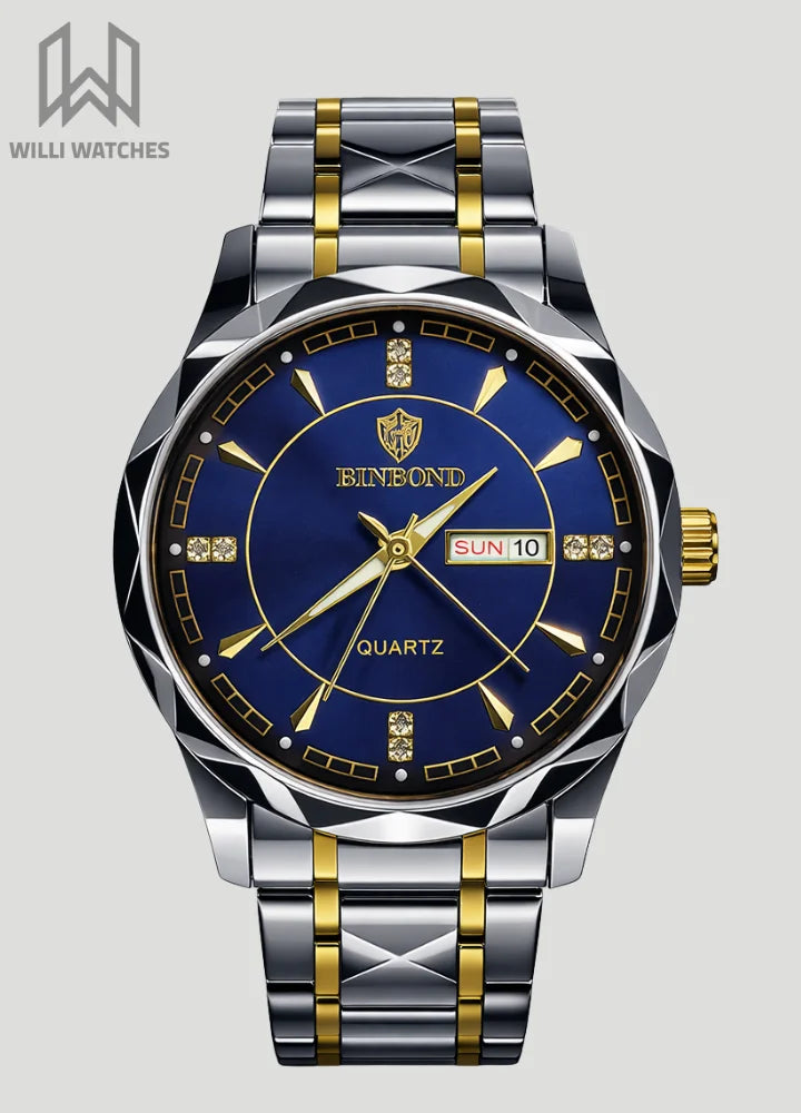Binbond Two-Tone Luxury Blue Dial Watch with Day, Date & Night Display BN-001