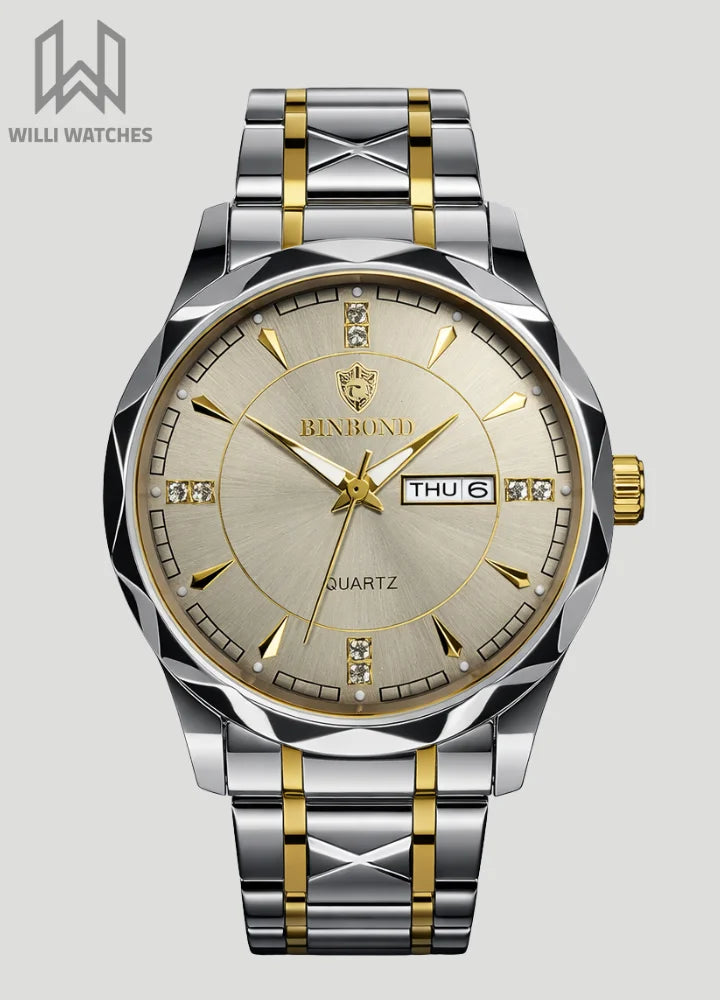 Binbond Two-Tone Luxury Watch with Elegant Gold Dial and Day-Date BN-005
