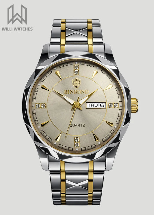 Binbond Two-Tone Luxury Watch with Elegant Gold Dial and Day-Date BN-005