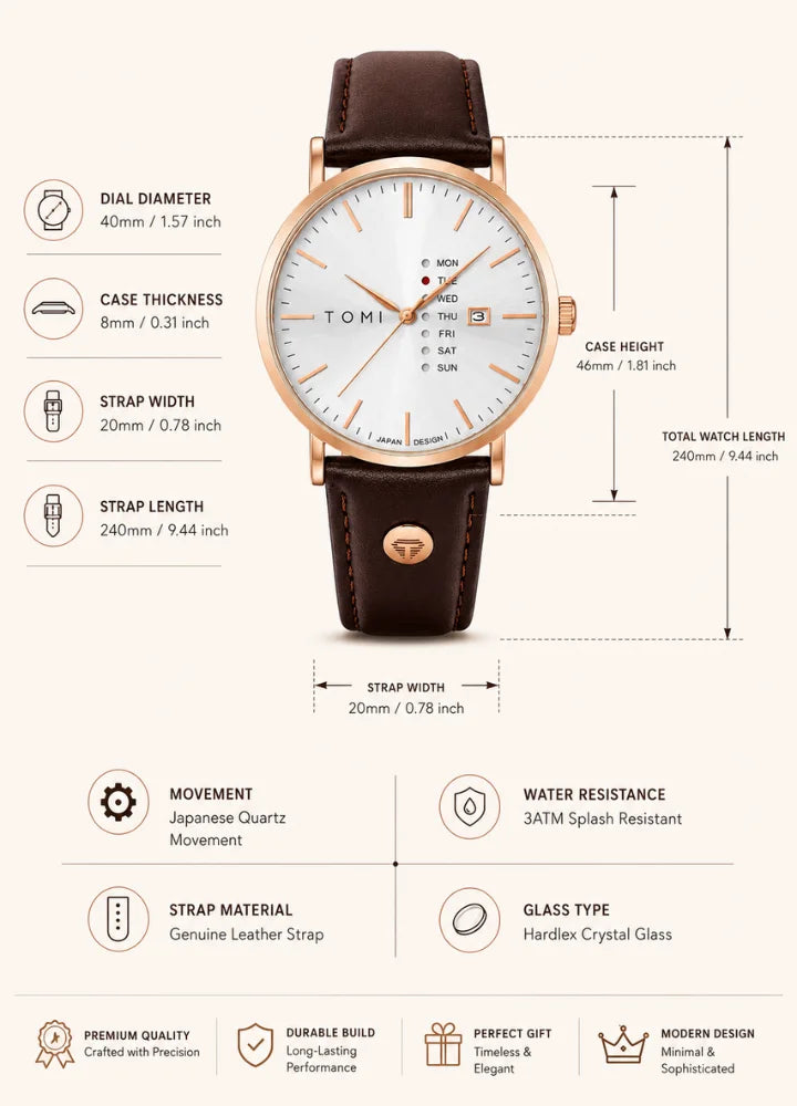 Tomi Executive Day Date Rose Gold Leather Strap Men’s Watch TM-037