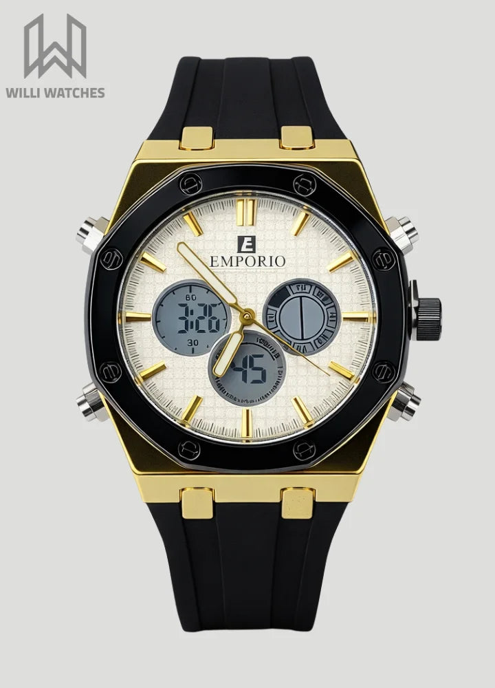 Emporio Dual Time Gold Case & White Dial Black Rubber Strap Watch SP-006
