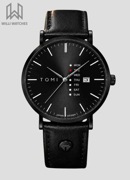 Tomi Executive Day Date All Black Leather Strap Men’s Watch TM-038