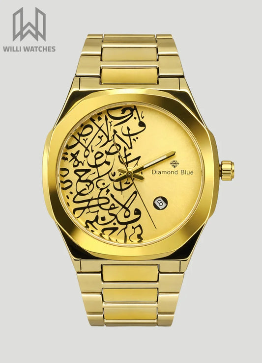 Diamond Blue Arabic Calligraphy Gold Dial Luxury Watch DI-001