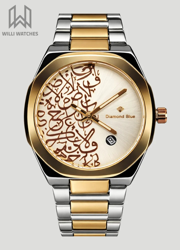 Diamond Blue Elegant Arabic Art Two-Tone Rose Gold Watch DI-012