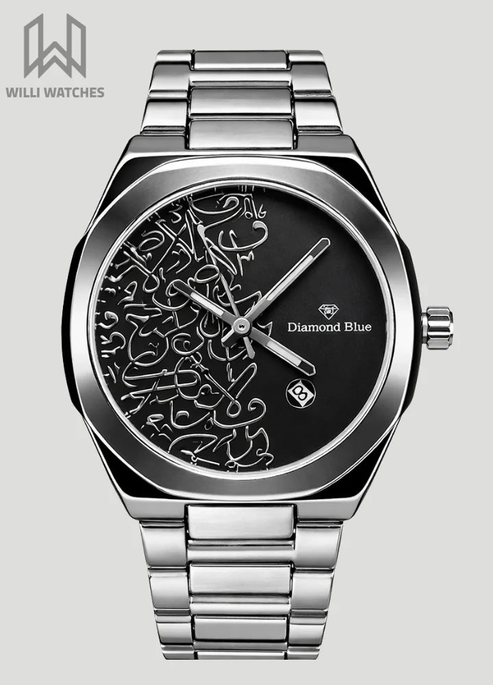 Diamond Blue Heritage Arabic Art Black Dial Silver Watch DI-014