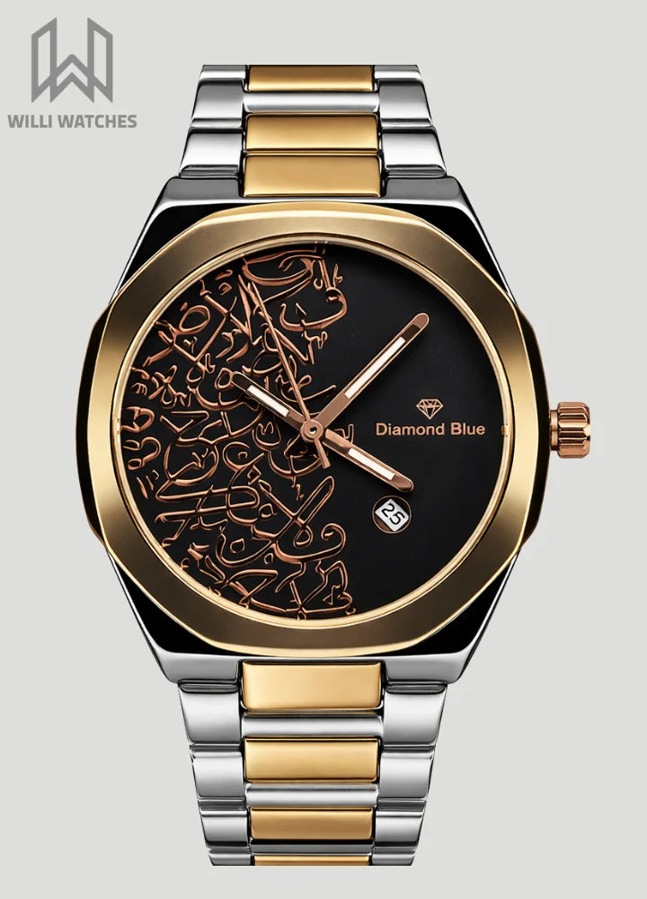 Diamond Blue Arabic Calligraphy Rose Gold Black Dial Watch DI-015
