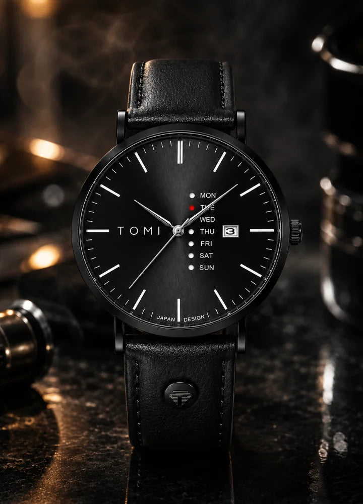 Tomi Executive Day Date All Black Leather Strap Men’s Watch TM-038