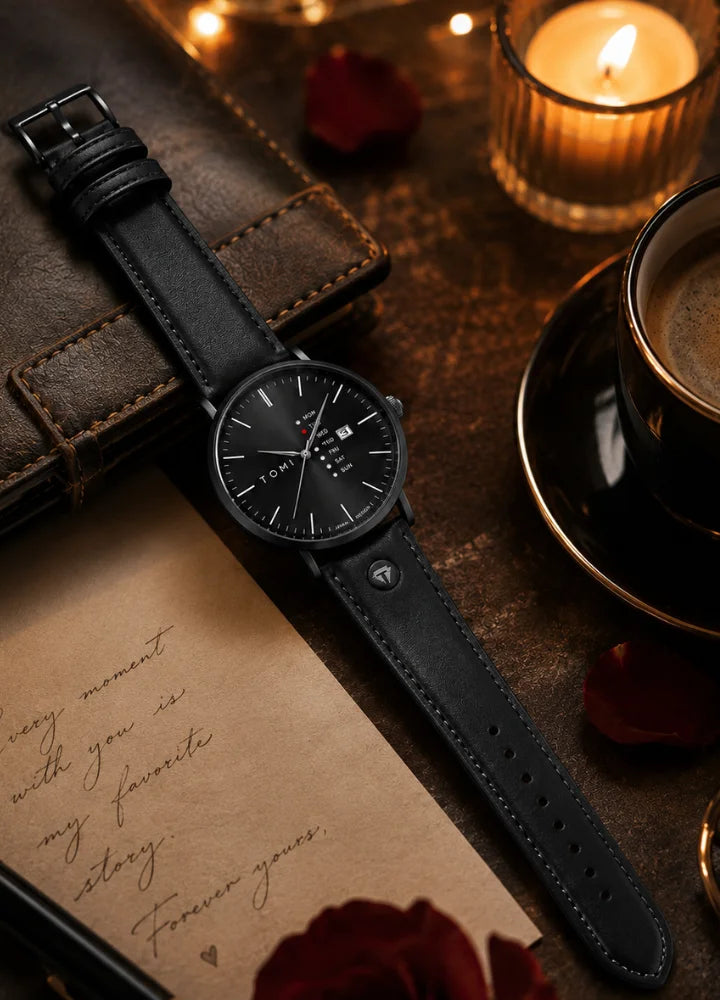 Tomi Executive Day Date All Black Leather Strap Men’s Watch TM-038