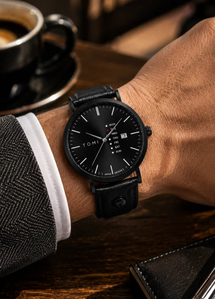Tomi Executive Day Date All Black Leather Strap Men’s Watch TM-038