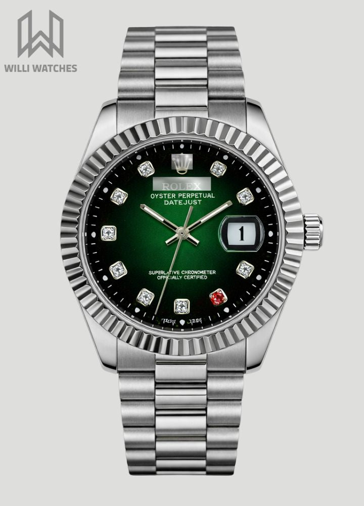 Green Dial Date Watch with Crystal Markers R-036