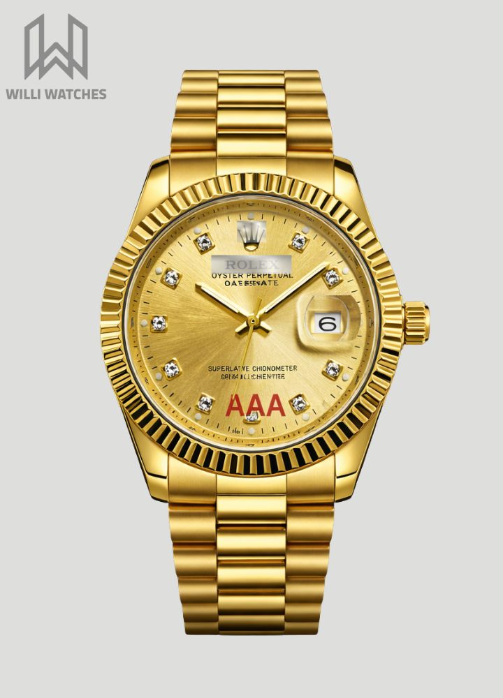 Gold Dial Classic Date Watch with Fluted Bezel R-034