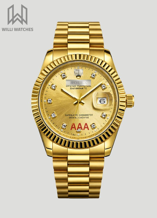 Gold Dial Classic Date Watch with Fluted Bezel R-034