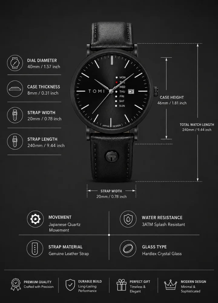 Tomi Executive Day Date All Black Leather Strap Men’s Watch TM-038