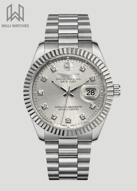 Silver Dial Classic Date Watch with Crystal Index R-035