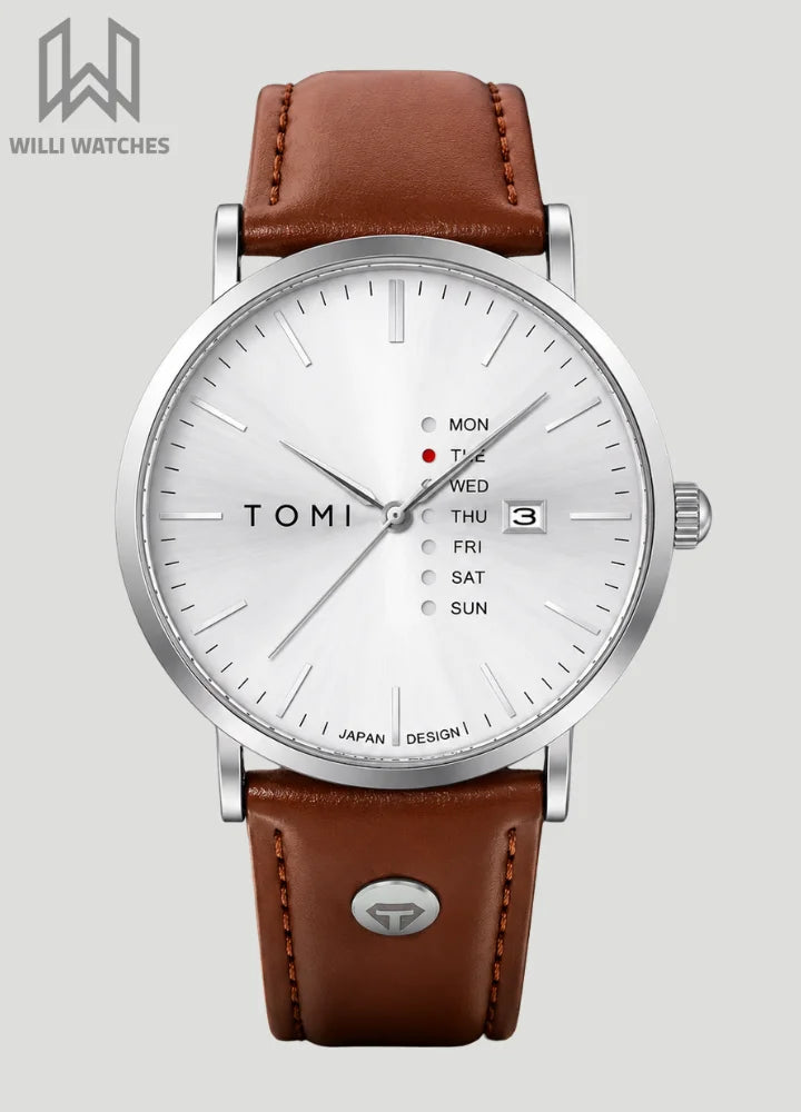 Tomi Executive Day Date Brown Leather Strap With White dial Men’s Watch TM-040