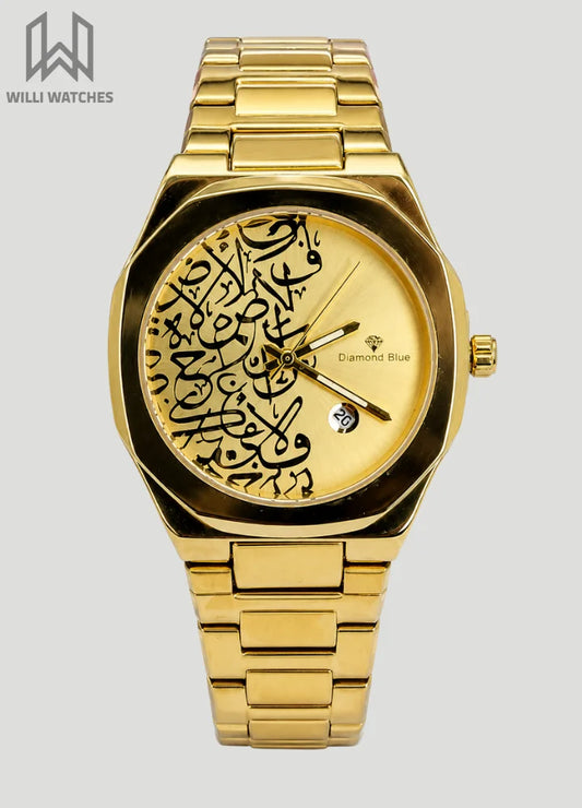 Diamond Blue Arabic Calligraphy Gold Dial Luxury Watch DI-001