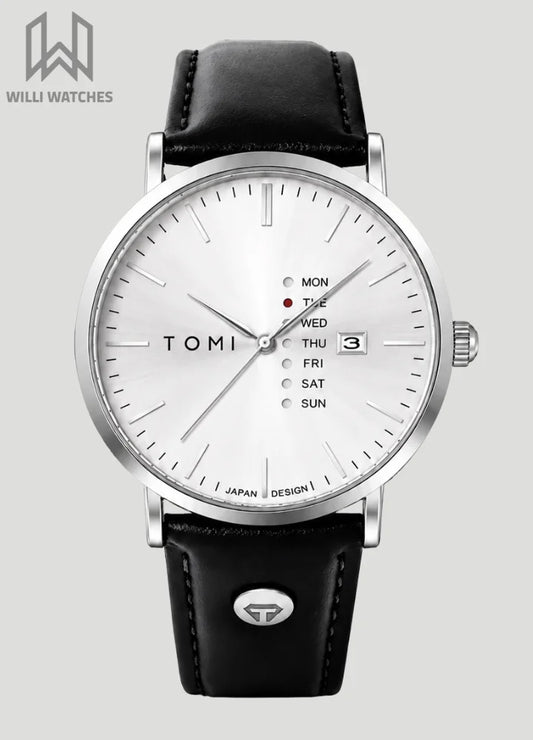 Tomi Executive Day Date White Dial Leather Strap Men’s Watch TM-036