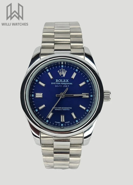 RLX Swiss-Made Perpetual Luxury Watch – Silver Case with a Sophisticated Navy Blue Dial R-014