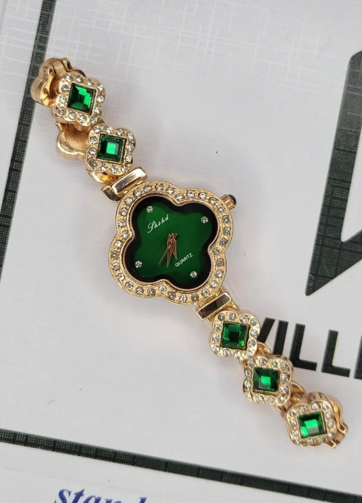 Elegant Emerald Zircon Clover Watch – Luxury Women's Timepiece FM-011