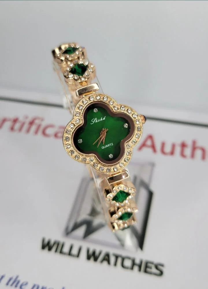 Elegant Emerald Zircon Clover Watch – Luxury Women's Timepiece FM-011