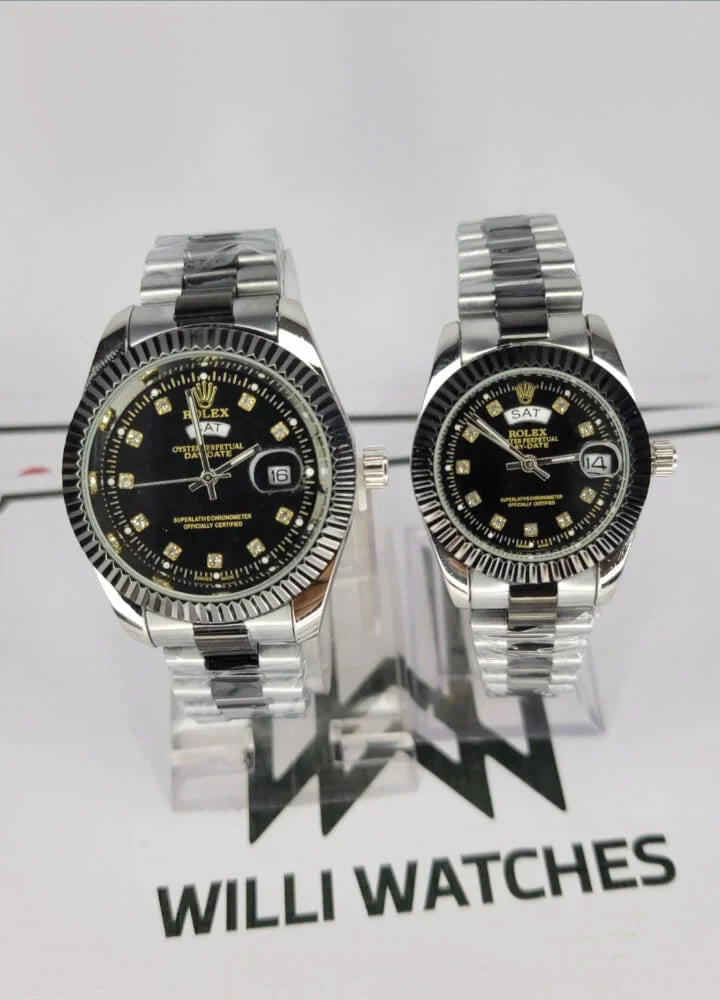 Couples’ Two-Tone Silver & Black Day/Date Watches