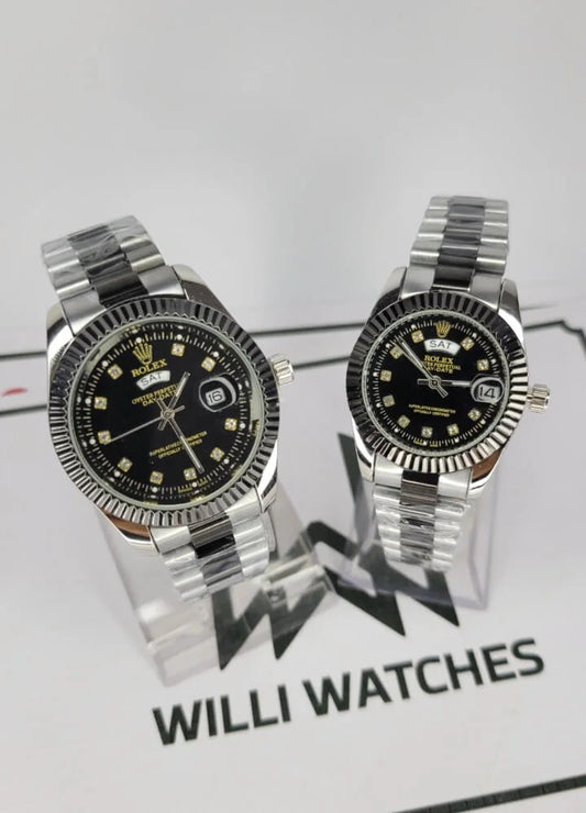 Couples’ Two-Tone Silver & Black Day/Date Watches