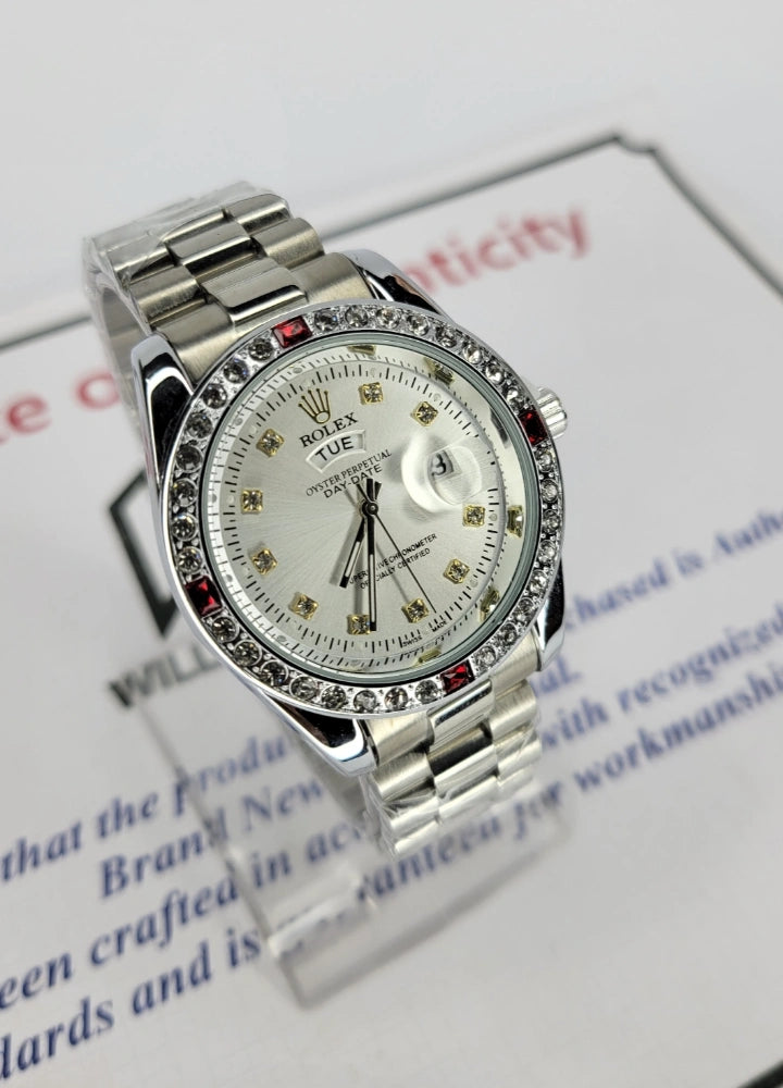 RLX Silver Watch with Day, Date & Diamonds R-021