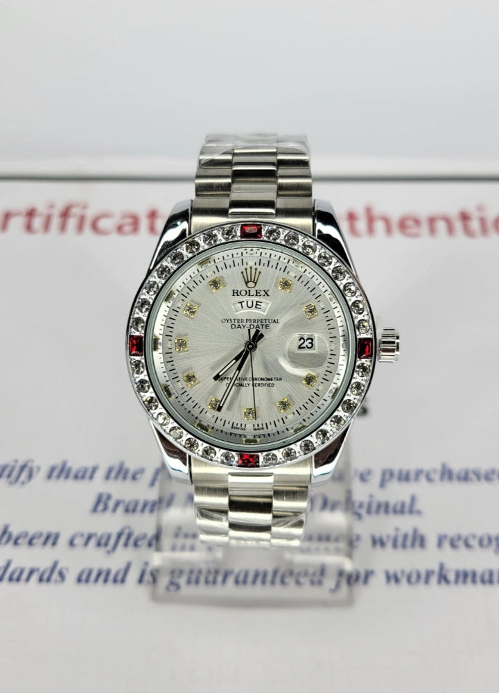 RLX Silver Watch with Day, Date & Diamonds R-021