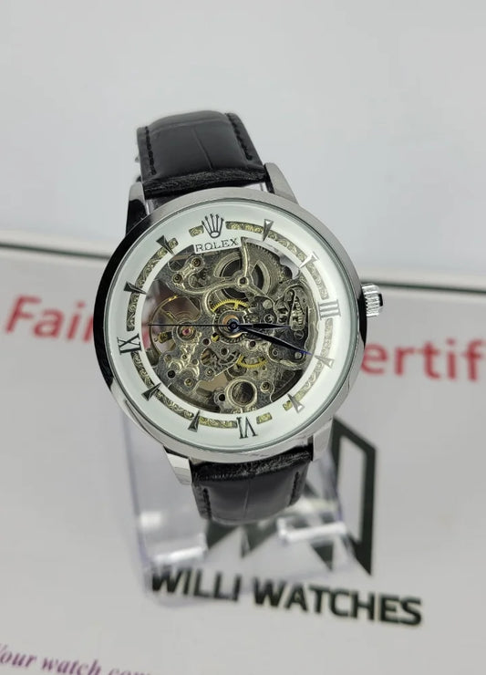 RLX silver & White Automatic Skeleton Black Leather Watch R-029