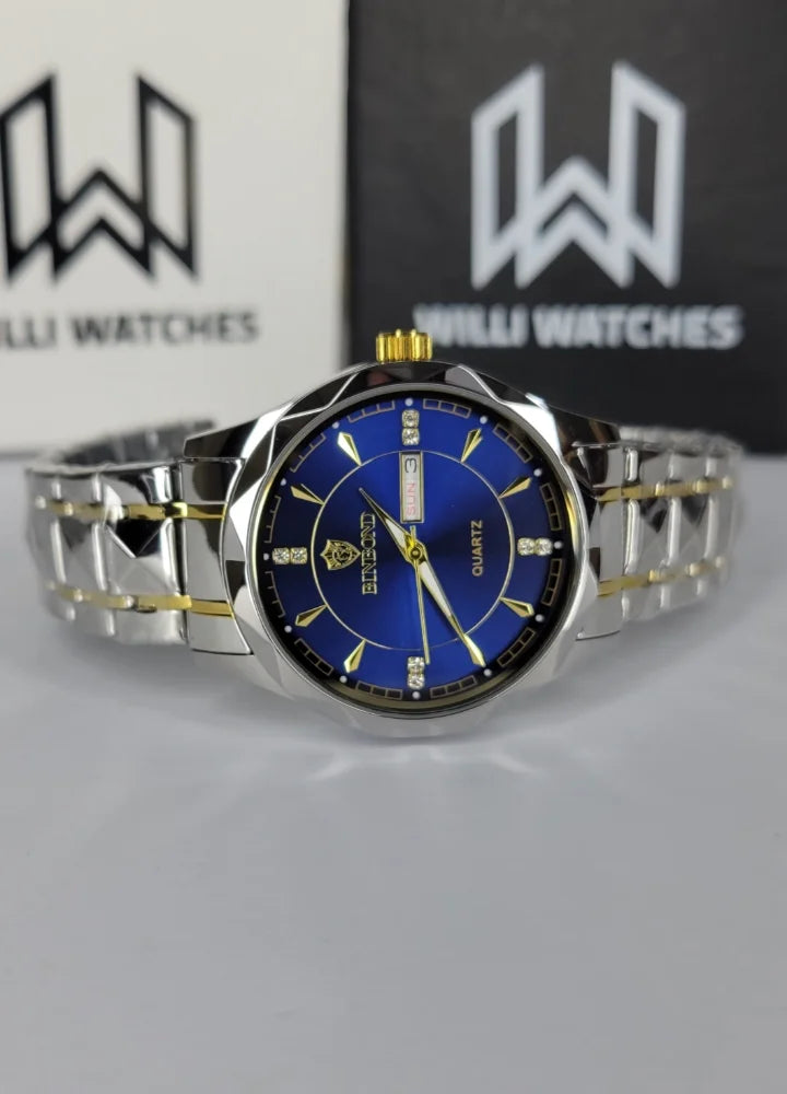 Binbond Two-Tone Luxury Blue Dial Watch with Day, Date & Night Display BN-001