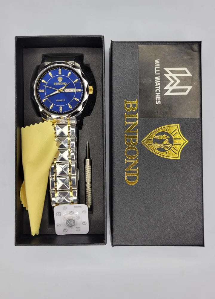 Binbond Two-Tone Luxury Blue Dial Watch with Day, Date & Night Display BN-001