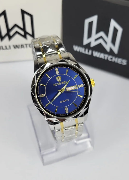 Binbond Two-Tone Luxury Blue Dial Watch with Day, Date & Night Display BN-001