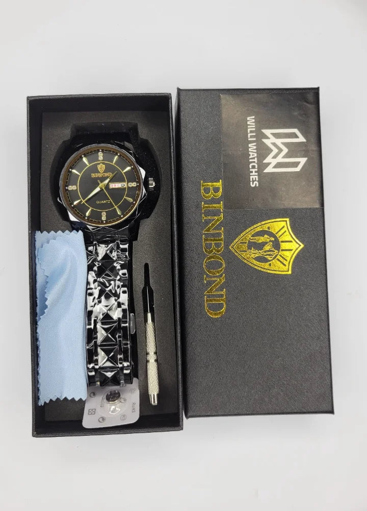 Binbond Black Dial Luxury Watch with Day-Date and Gold Accents BN-004