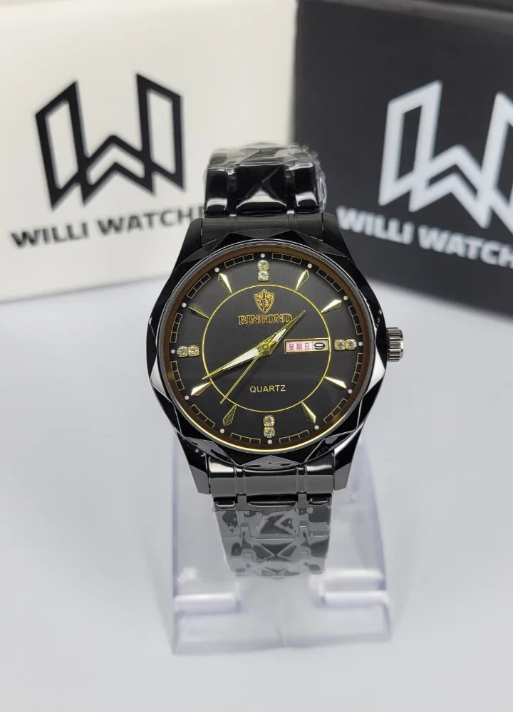 Binbond Black Dial Luxury Watch with Day-Date and Gold Accents BN-004