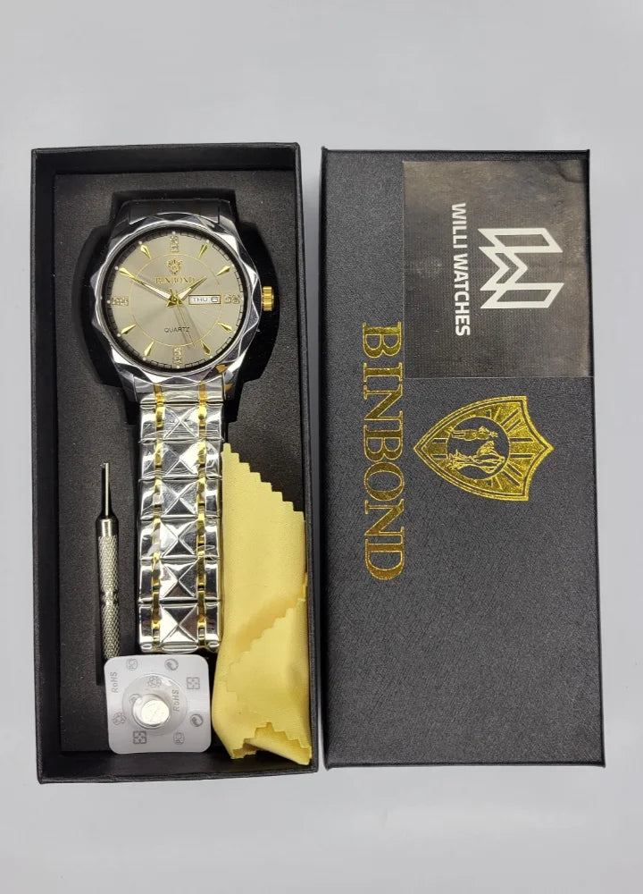 Binbond Two-Tone Luxury Watch with Elegant Gold Dial and Day-Date BN-005