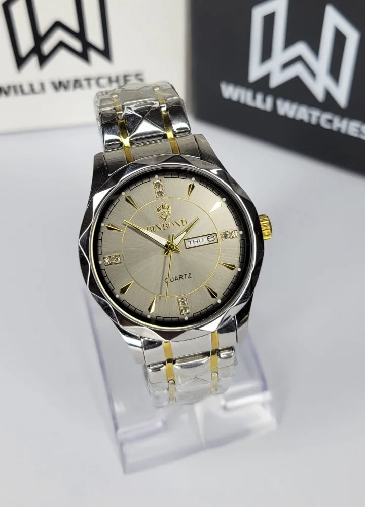 Binbond Two-Tone Luxury Watch with Elegant Gold Dial and Day-Date BN-005