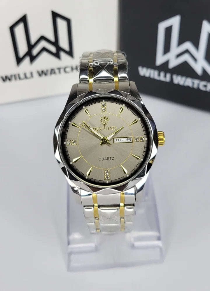 Binbond Two-Tone Luxury Watch with Elegant Gold Dial and Day-Date BN-005