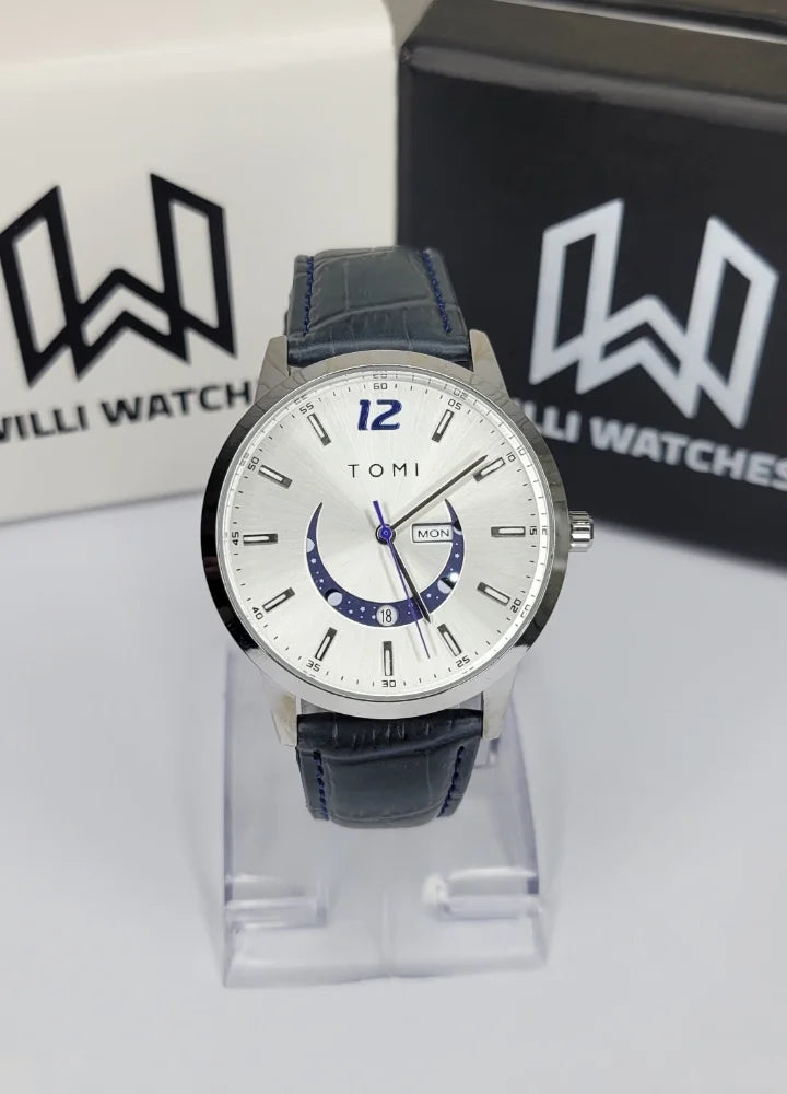 Tomi Premium White Dial Day-Date Blue Strap Watch TM-032