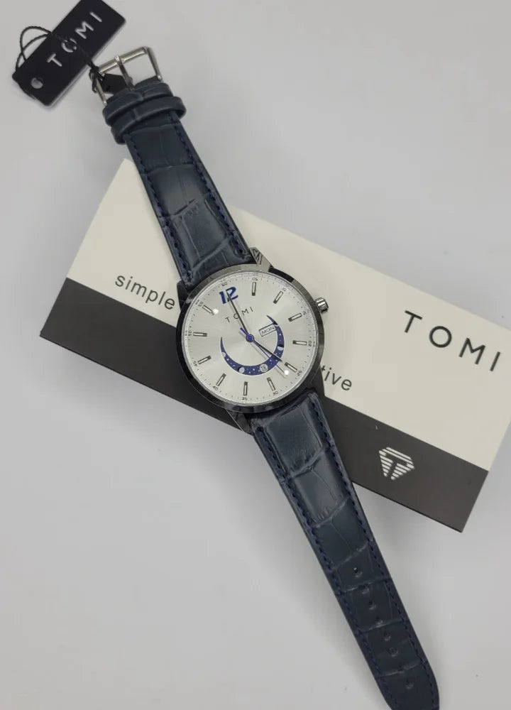 Tomi Premium White Dial Day-Date Blue Strap Watch TM-032