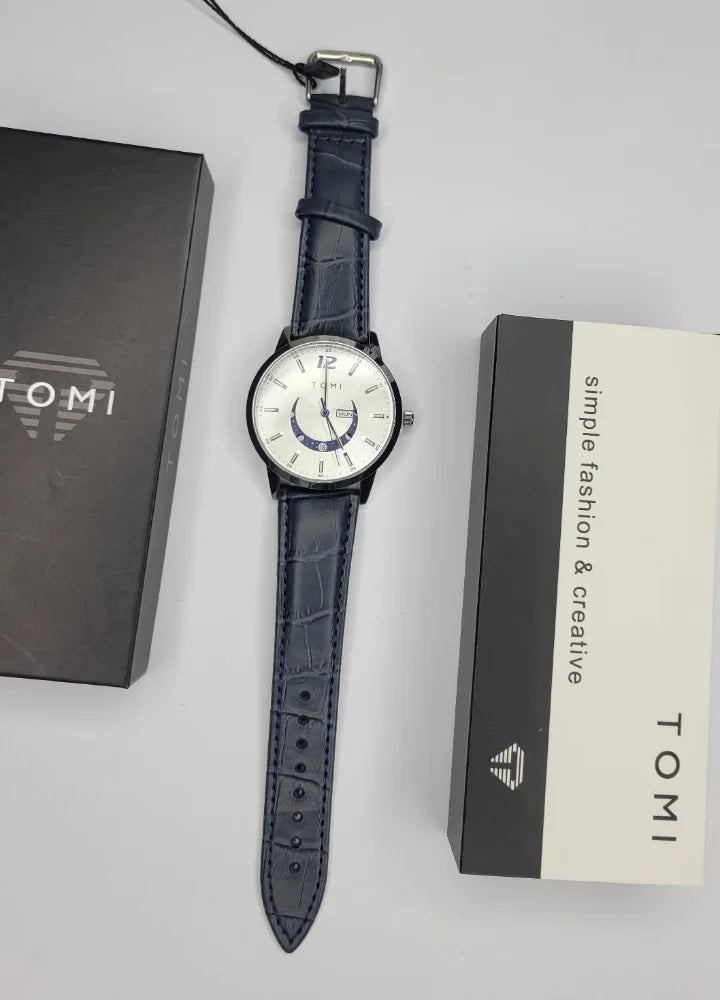 Tomi Premium White Dial Day-Date Blue Strap Watch TM-032